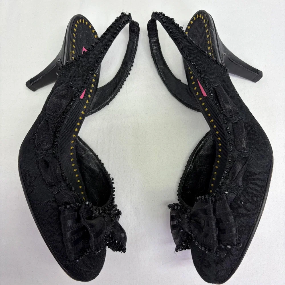 Y2K Betsey Johnson Black Lace Bow Slingback Heels 8.5M Beaded Whimsigoth Rare